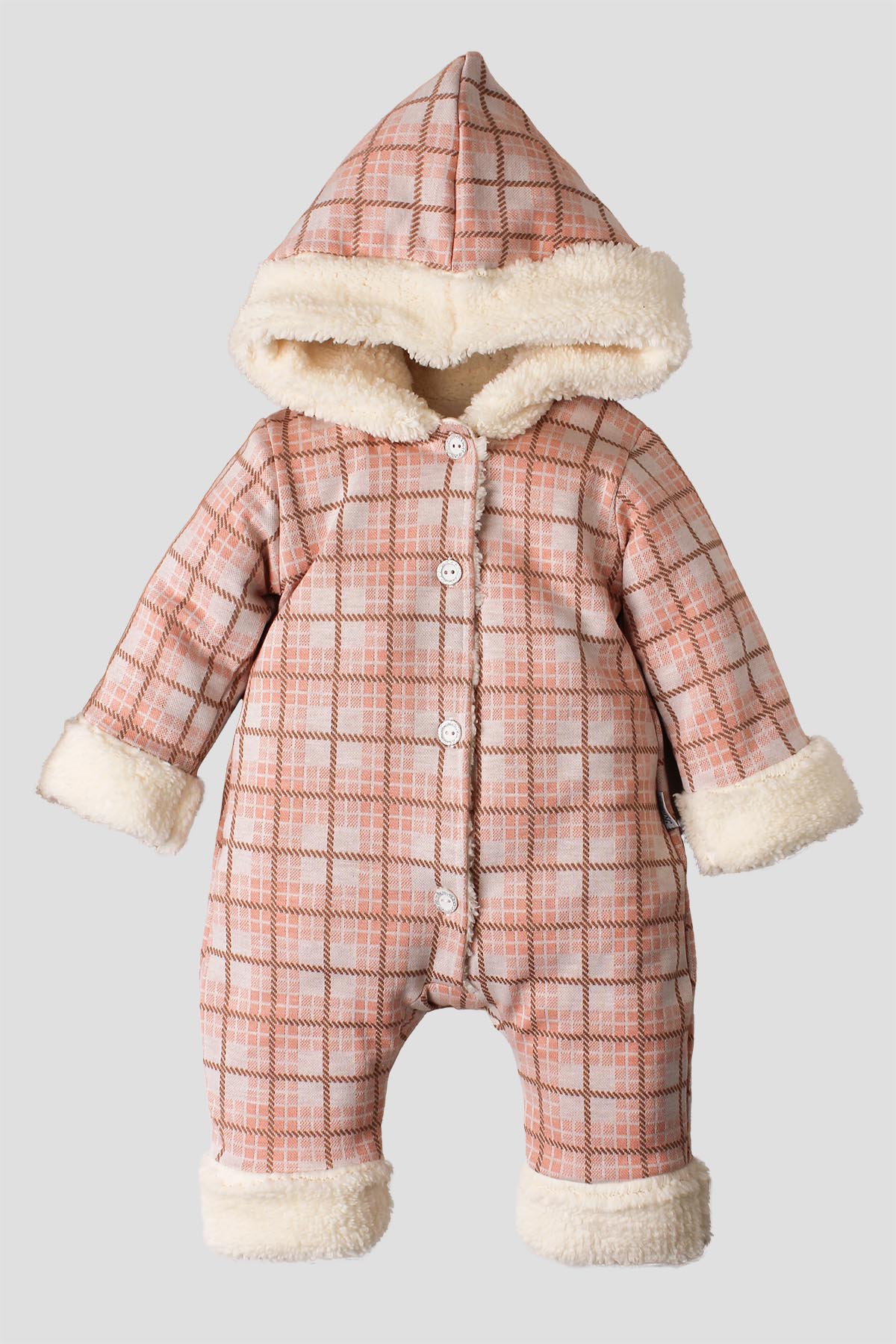Kız Bebek Kapüşonlu Ekose Desenli Peluş Astarlı Tulum 0 12 Ay